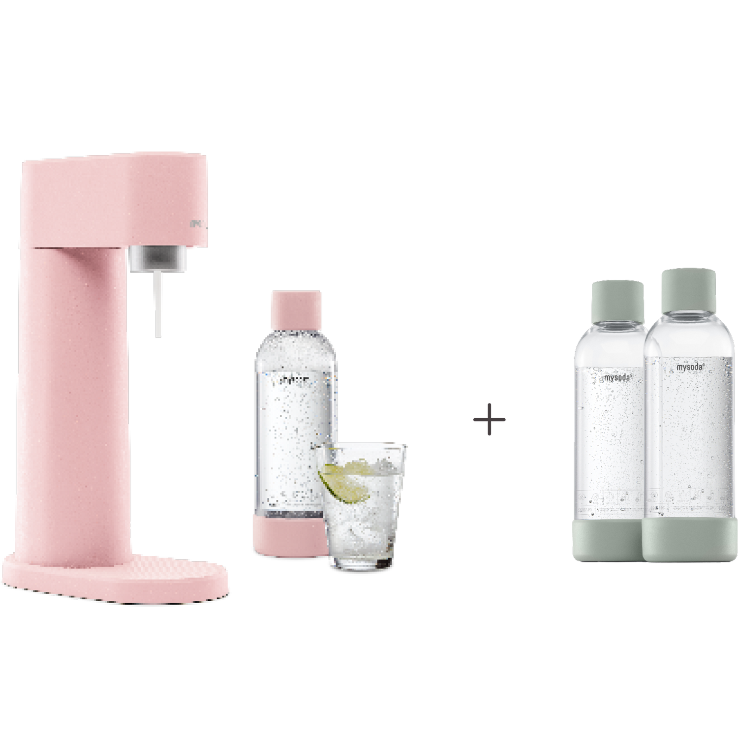 A bundle including a pink Woody sparkling water maker set without CO2 cylinder and an extra 2-pack of water bottles in pigeon