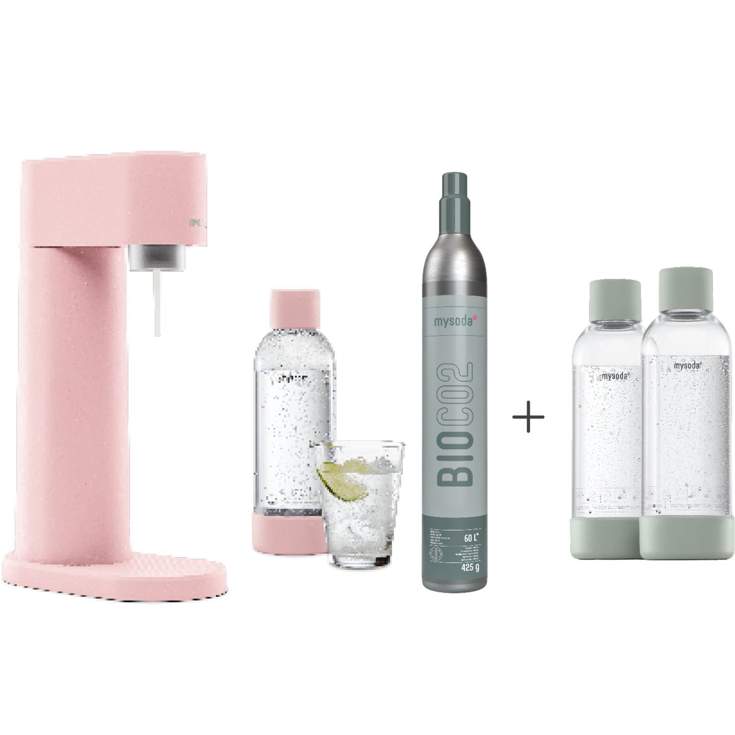 A bundle including a pink Woody sparkling water maker set, CO2 cylinder and an extra 2-pack of water bottles in pigeon