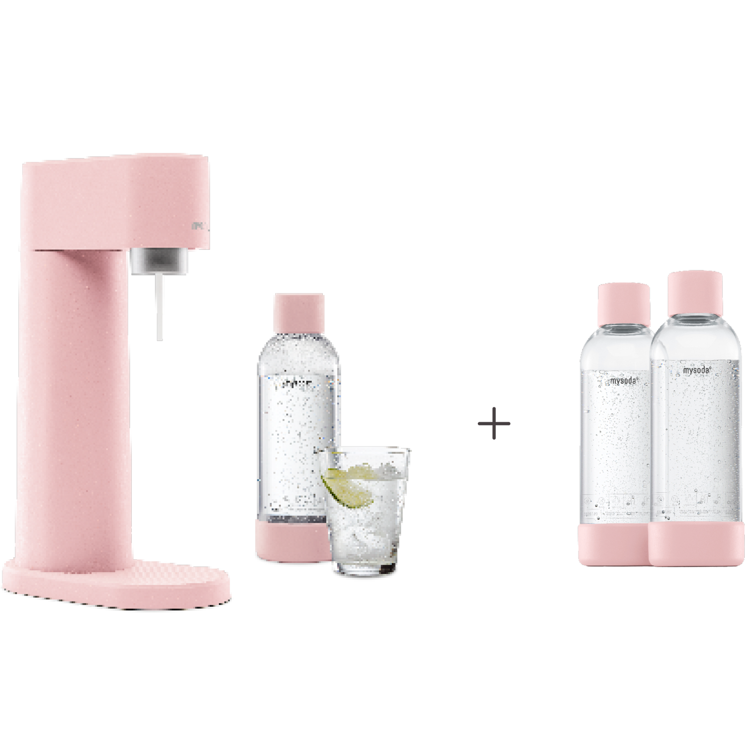 A bundle including a pink Woody sparkling water maker set without CO2 cylinder and an extra 2-pack of water bottles in pink