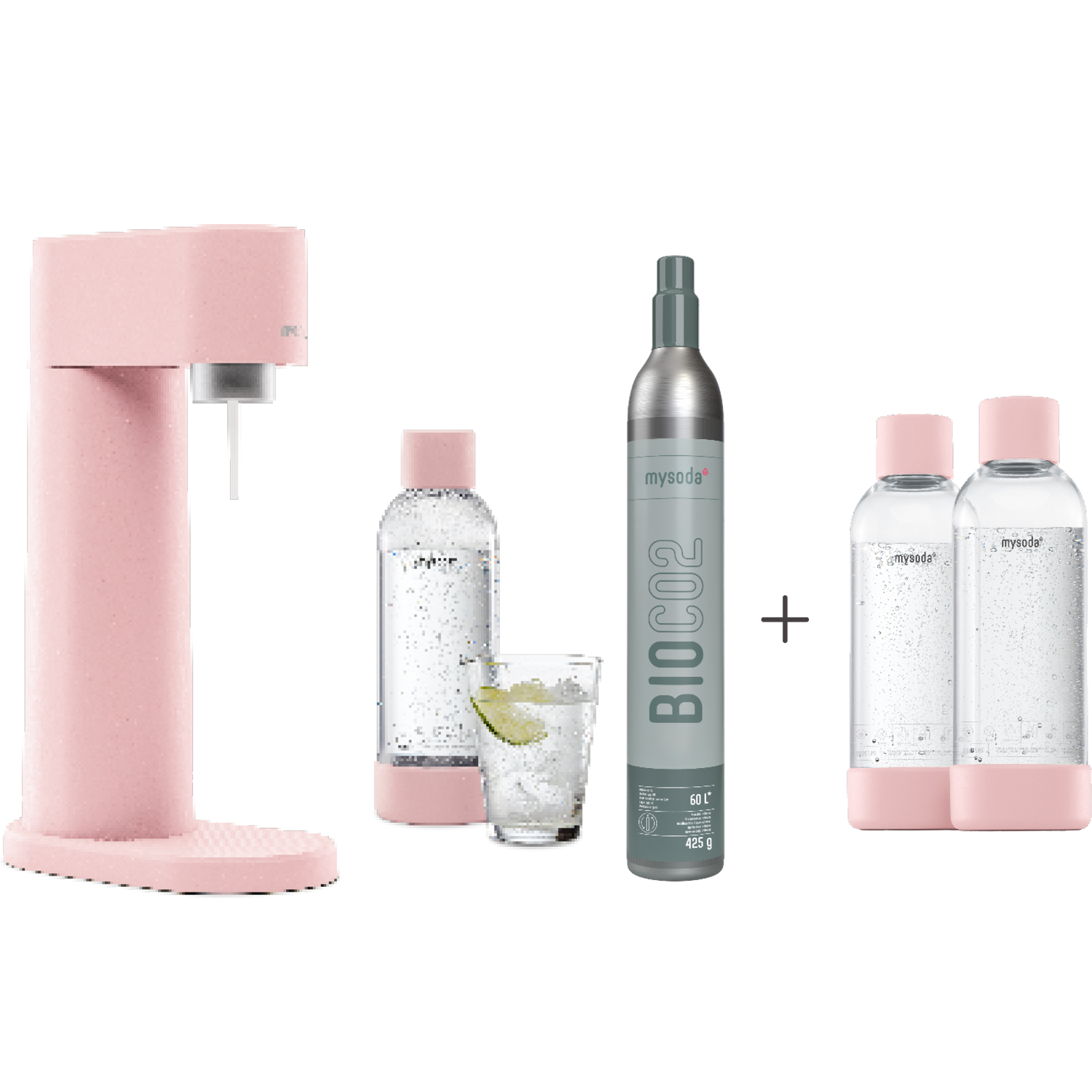 A bundle including a pink Woody sparkling water maker set, CO2 cylinder and an extra 2-pack of water bottles in pink
