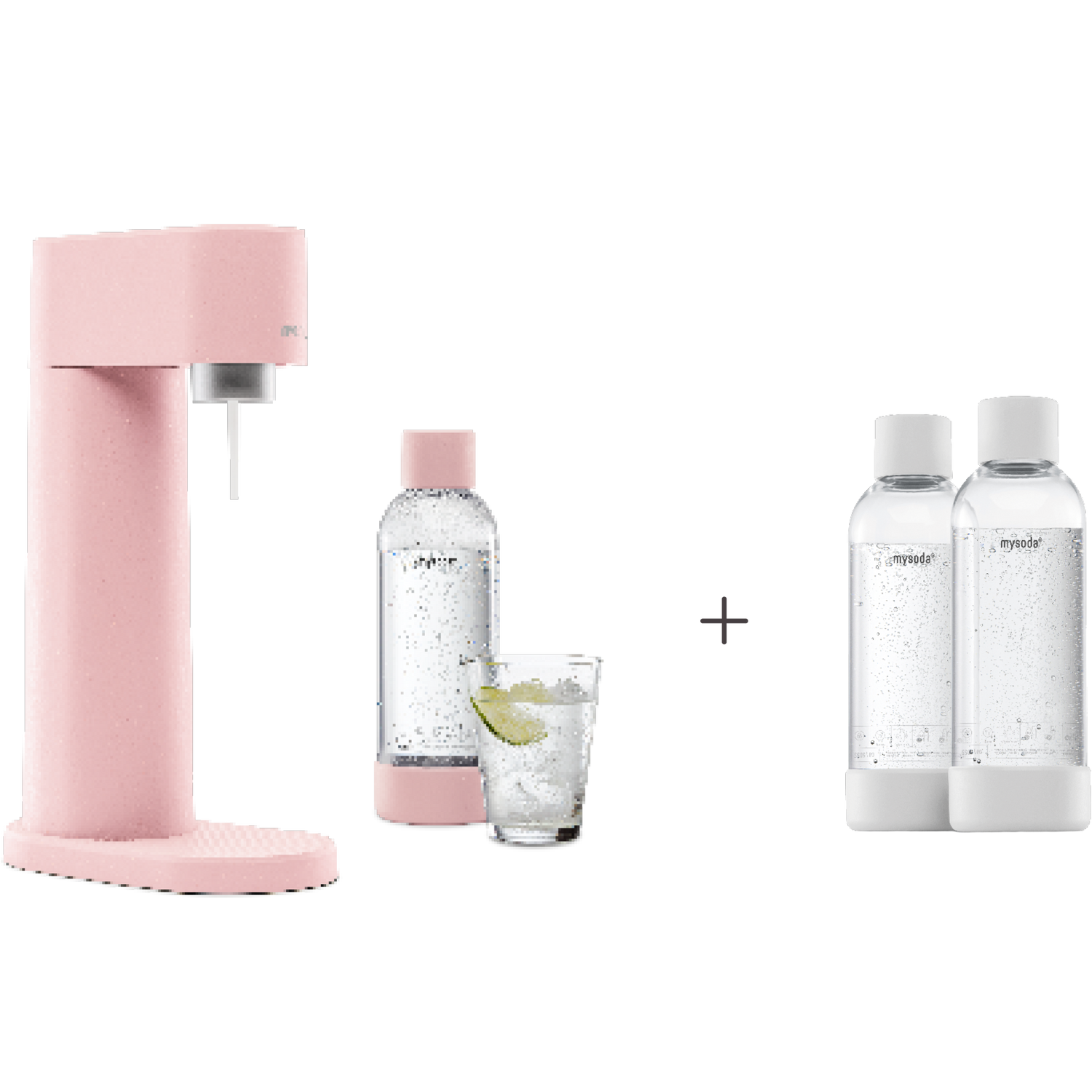 A bundle including a pink Woody sparkling water maker set without CO2 cylinder and an extra 2-pack of water bottles in white