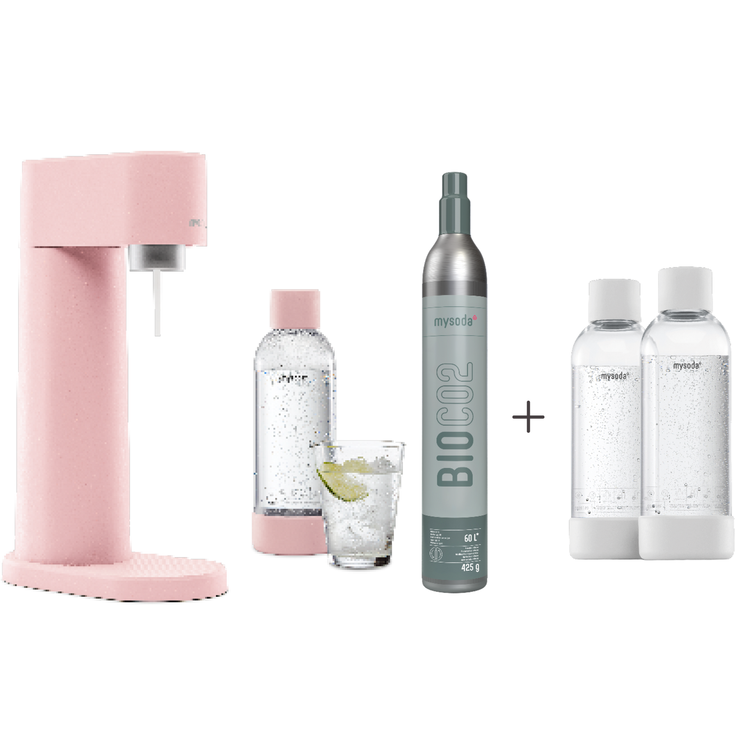 A bundle including a pink Woody sparkling water maker set, CO2 cylinder and an extra 2-pack of water bottles in white