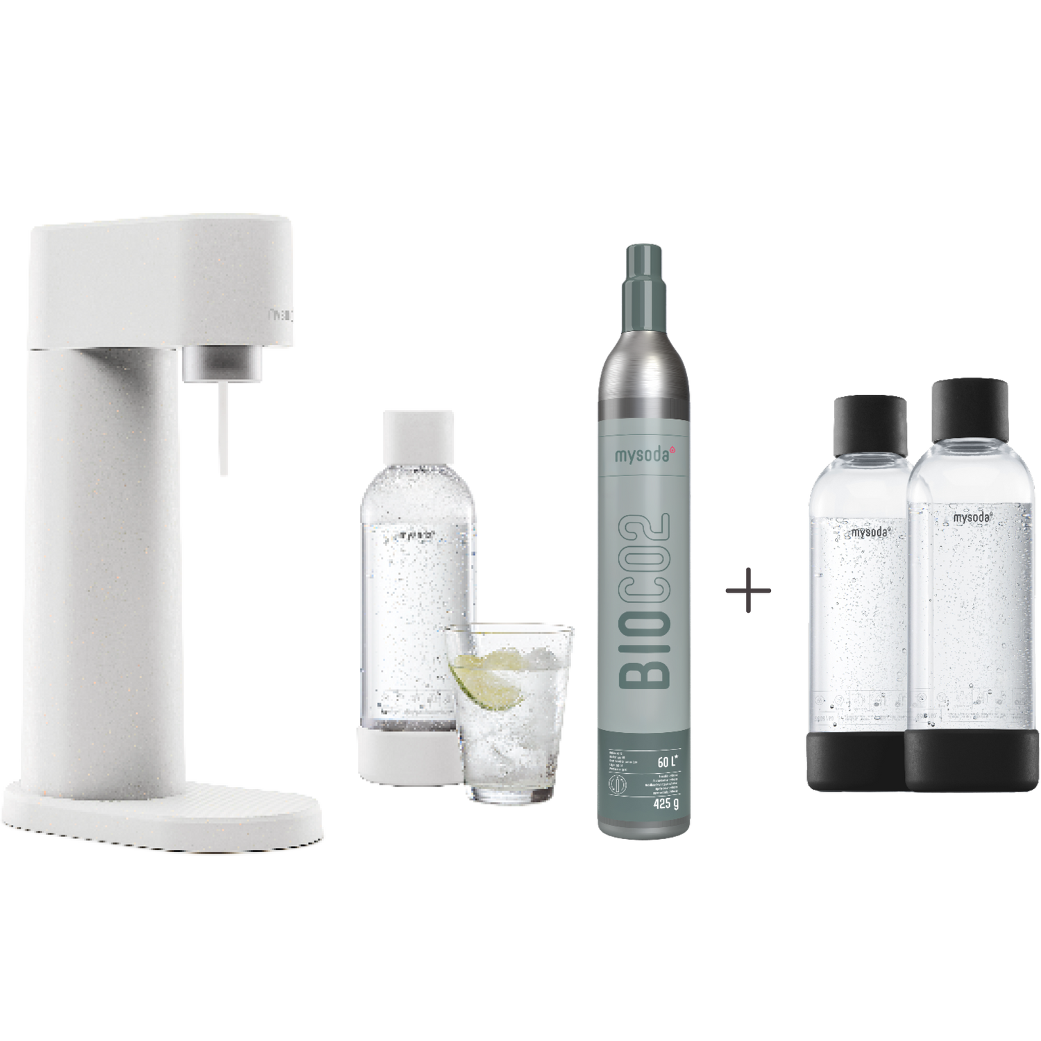 A bundle including a white Woody sparkling water maker set, CO2 cylinder and an extra 2-pack of water bottles in black