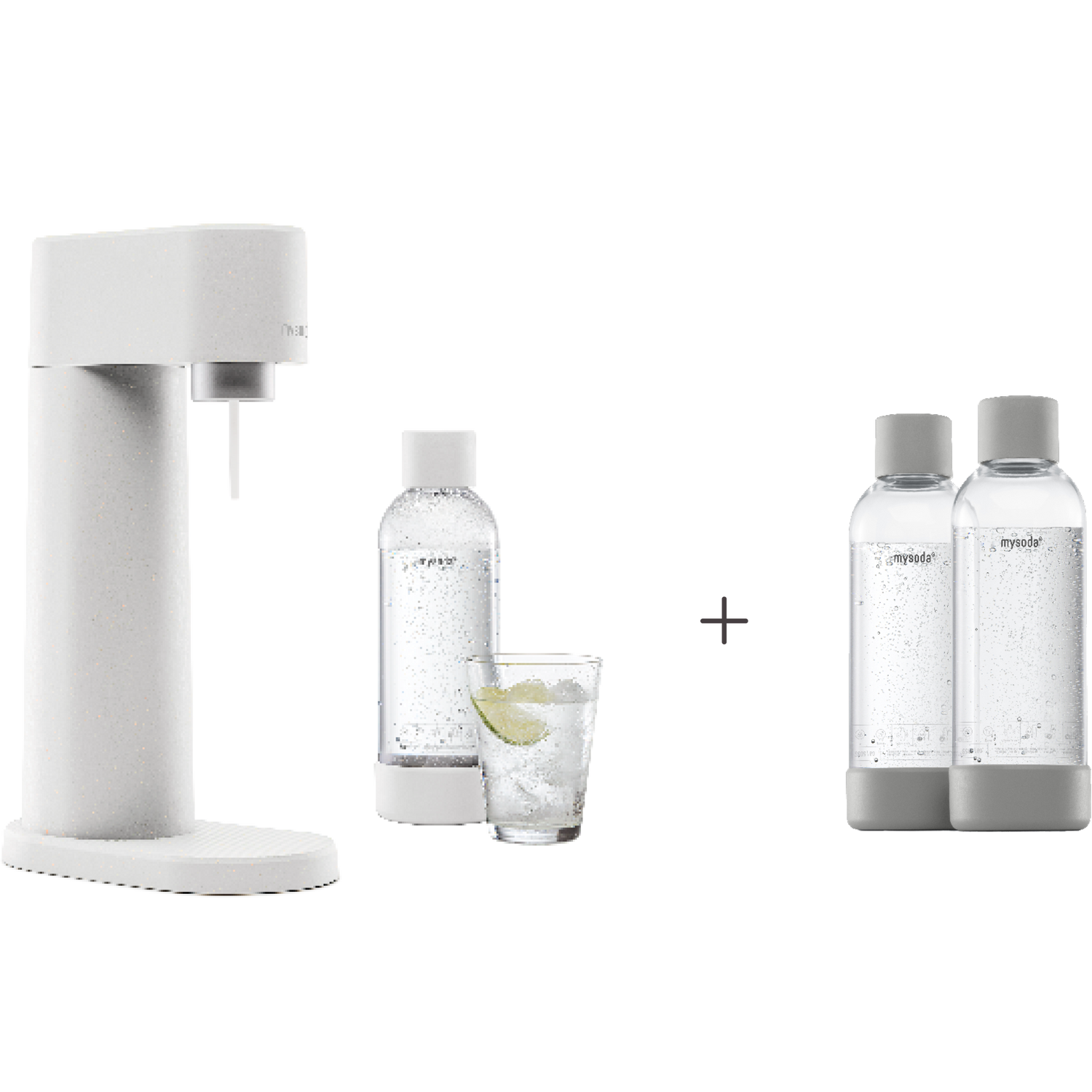 A bundle including a white Woody sparkling water maker set without cylinder and an extra 2-pack of water bottles in gray