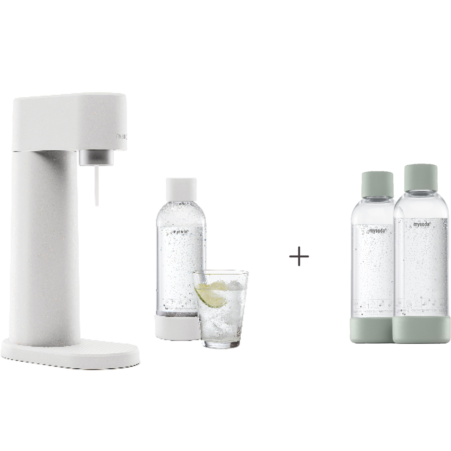 A bundle including a white Woody sparkling water maker set without cylinder and an extra 2-pack of water bottles in pigeon