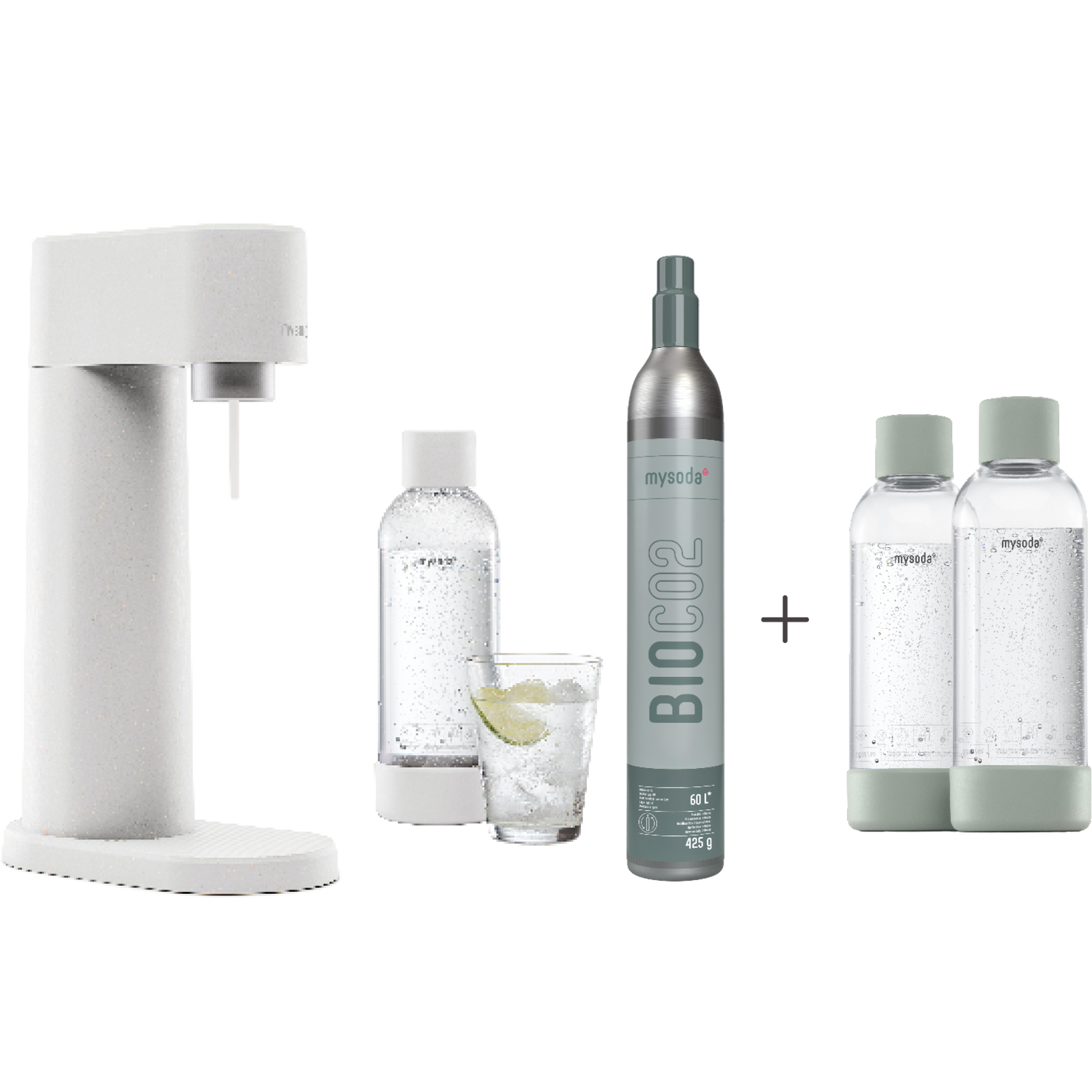 A bundle including a white Woody sparkling water maker set, CO2 cylinder and an extra 2-pack of water bottles in pigeon