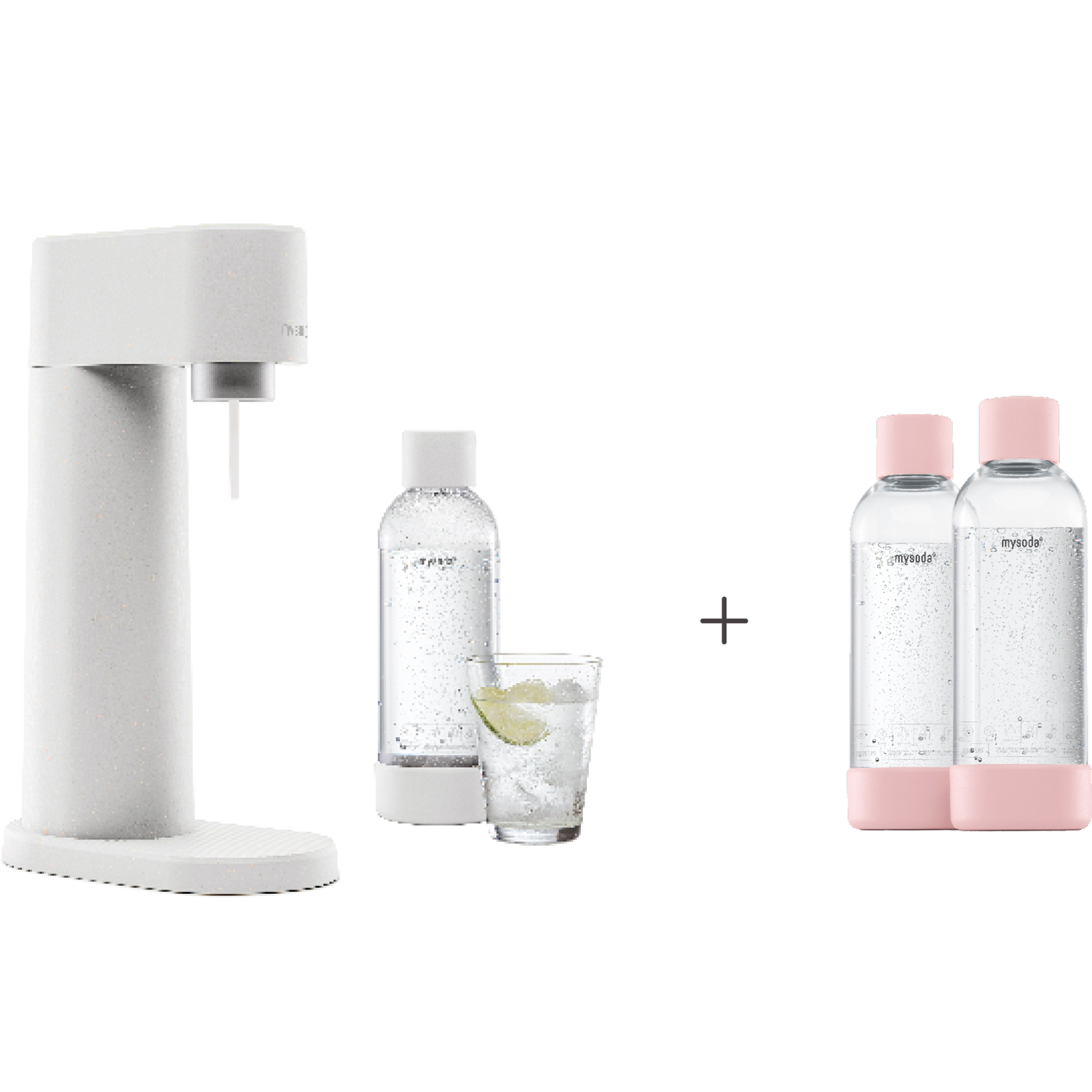 A bundle including a white Woody sparkling water maker set without cylinder and an extra 2-pack of water bottles in pink