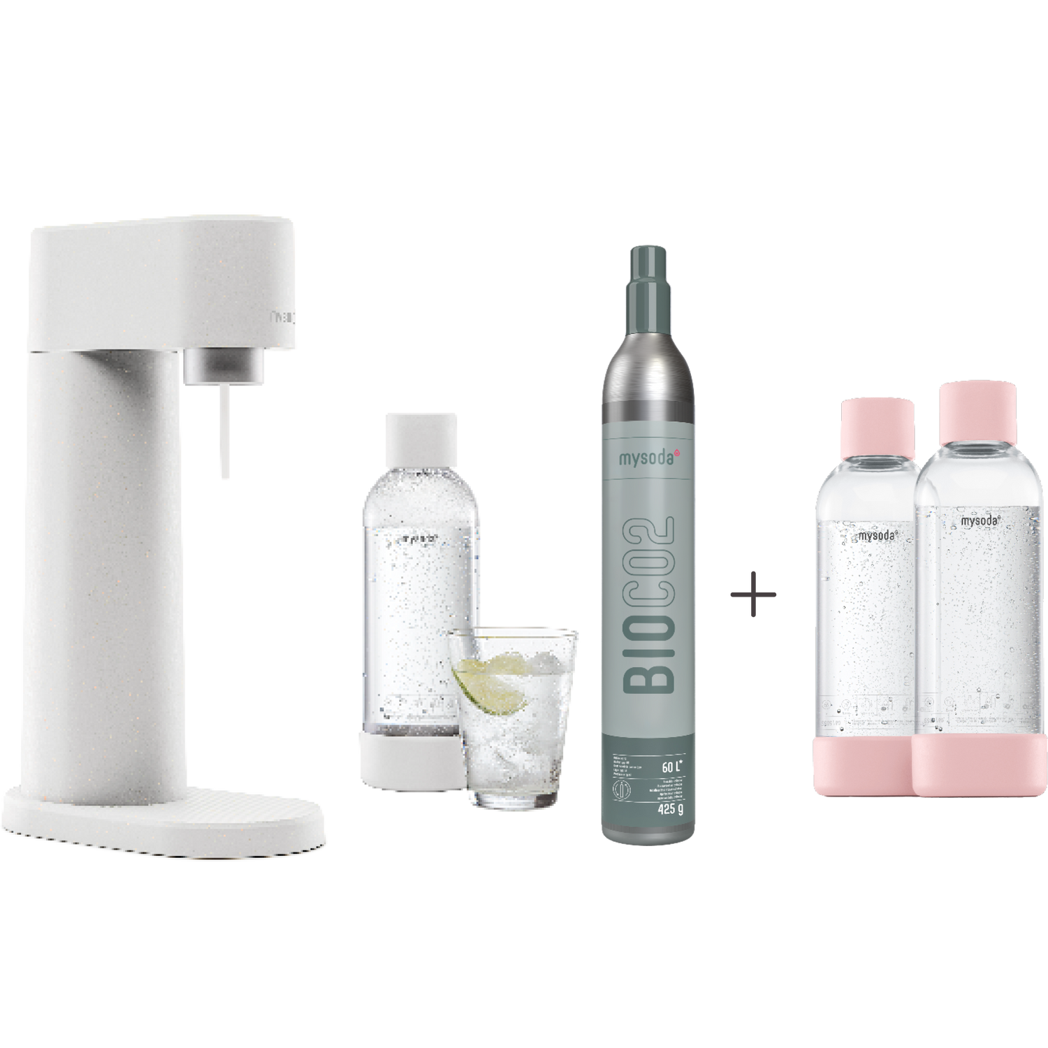 A bundle including a white Woody sparkling water maker set, CO2 cylinder and an extra 2-pack of water bottles in pink
