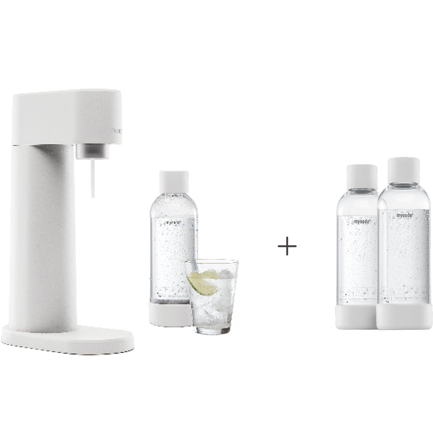 A bundle including a white Woody sparkling water maker set without cylinder and an extra 2-pack of water bottles in white