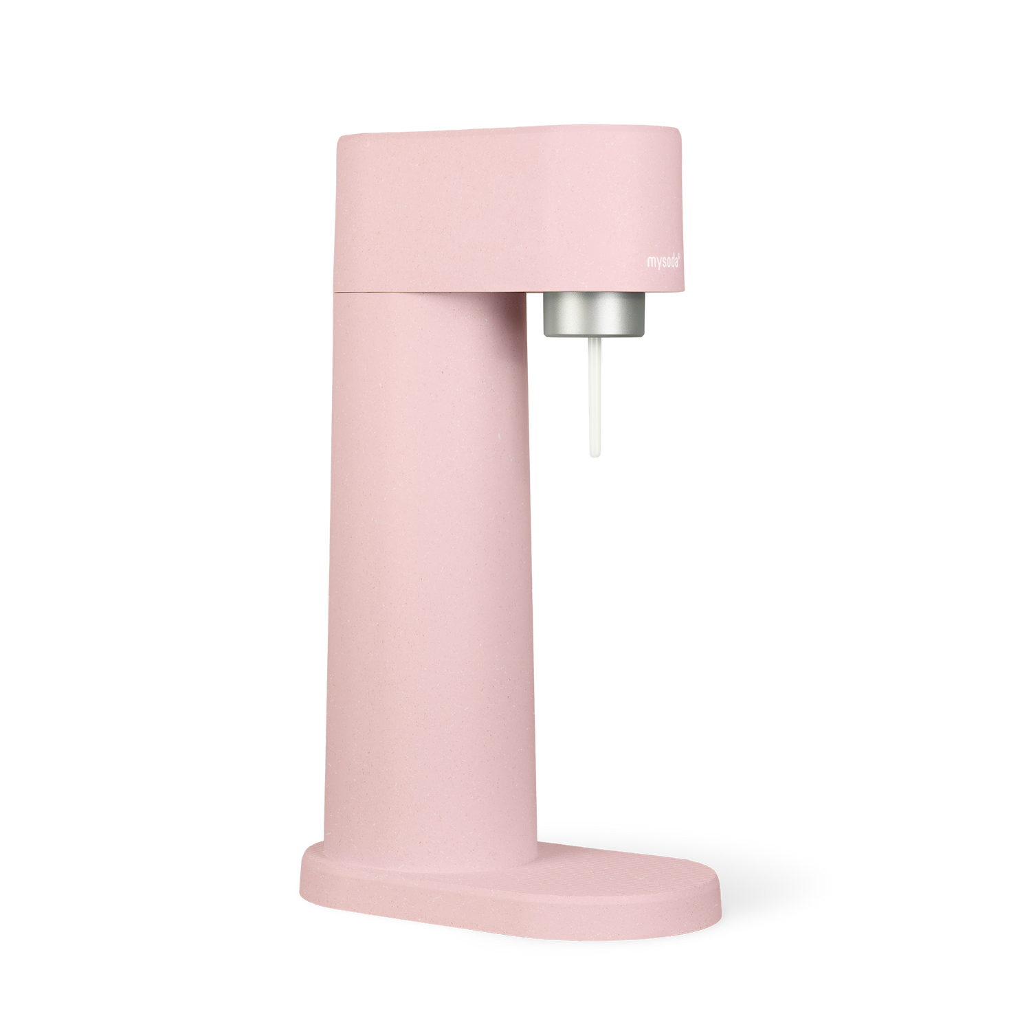 A pink Woody sparkling water maker viewed from the side