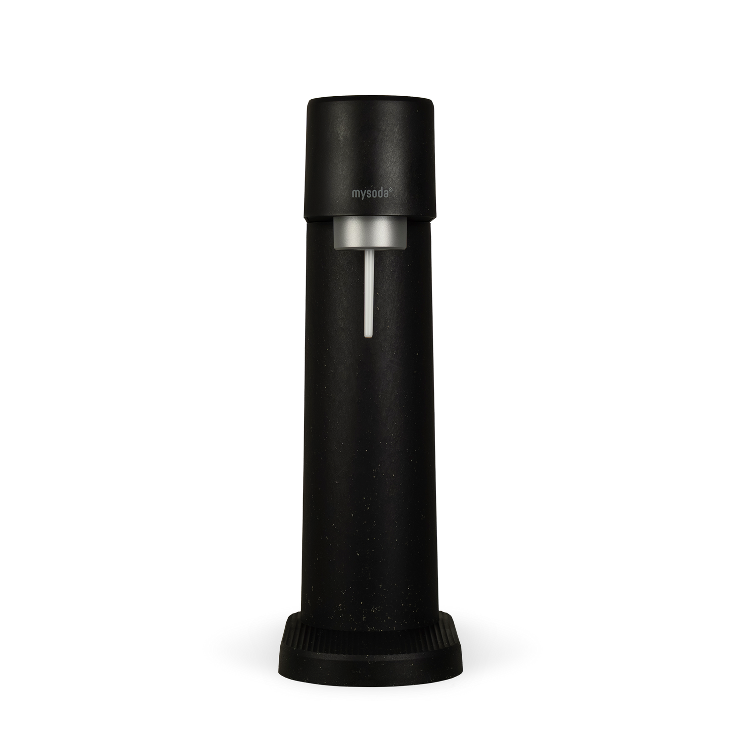 A black Woody sparkling water maker viewed from the front