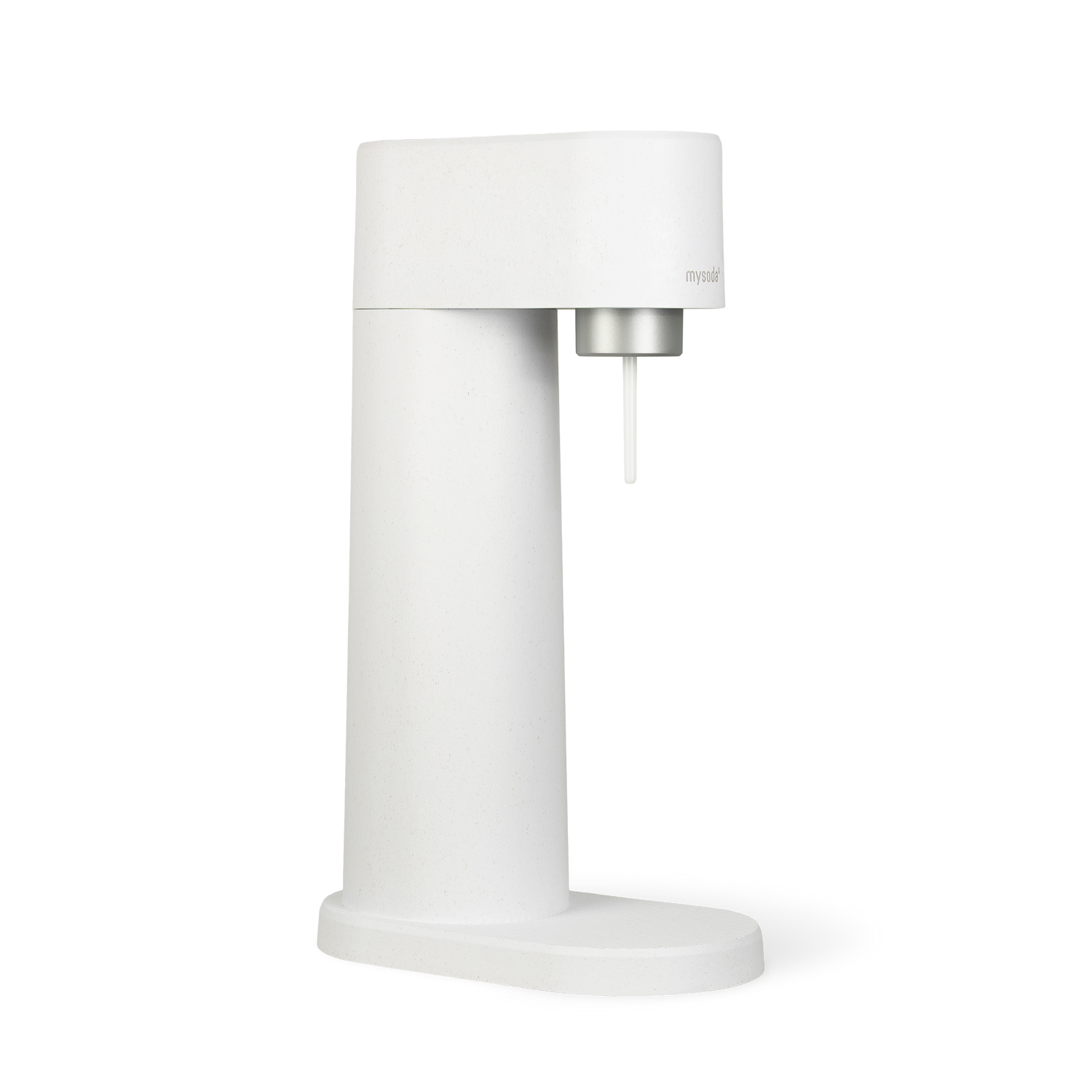 A white Woody sparkling water maker viewed from the side