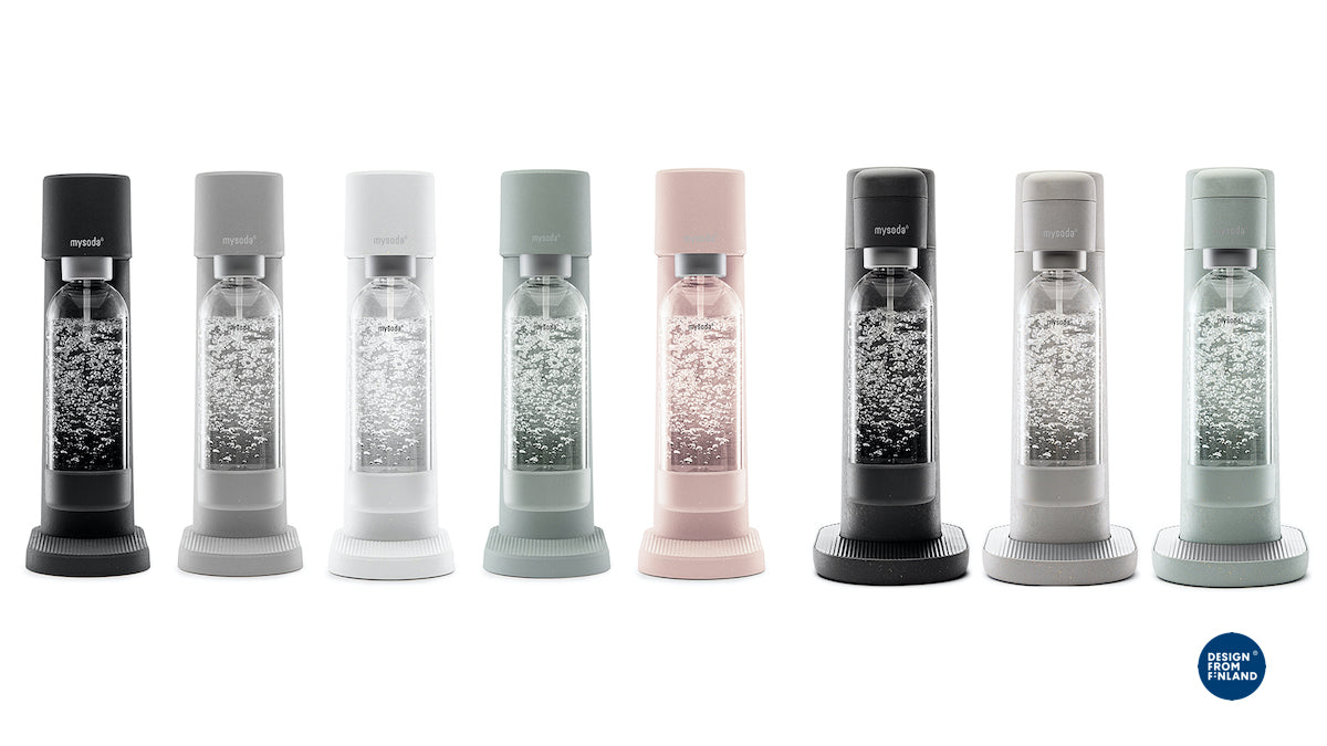 Mysoda Woody and Toby sparkling water makers in all available colour options seen from the front ligned up.
