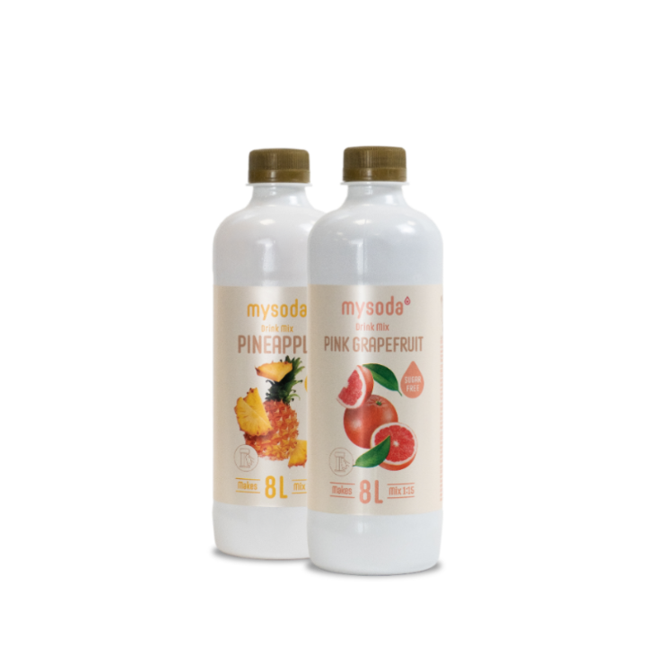 Two bottles of Mysoda drink mix, pineapple and pink grapefruit