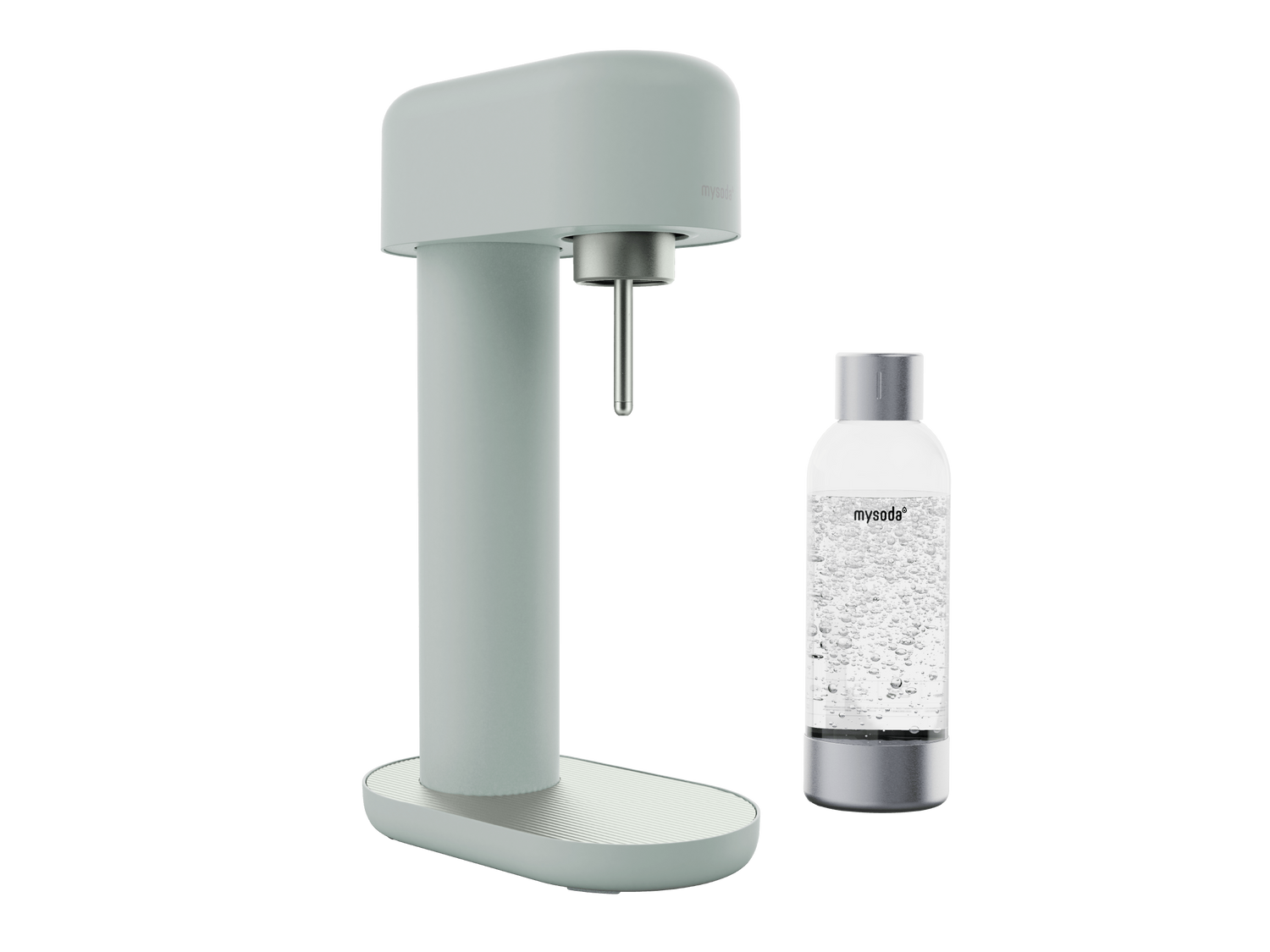 A white-silver Ruby 2 sparkling water maker and a bottle