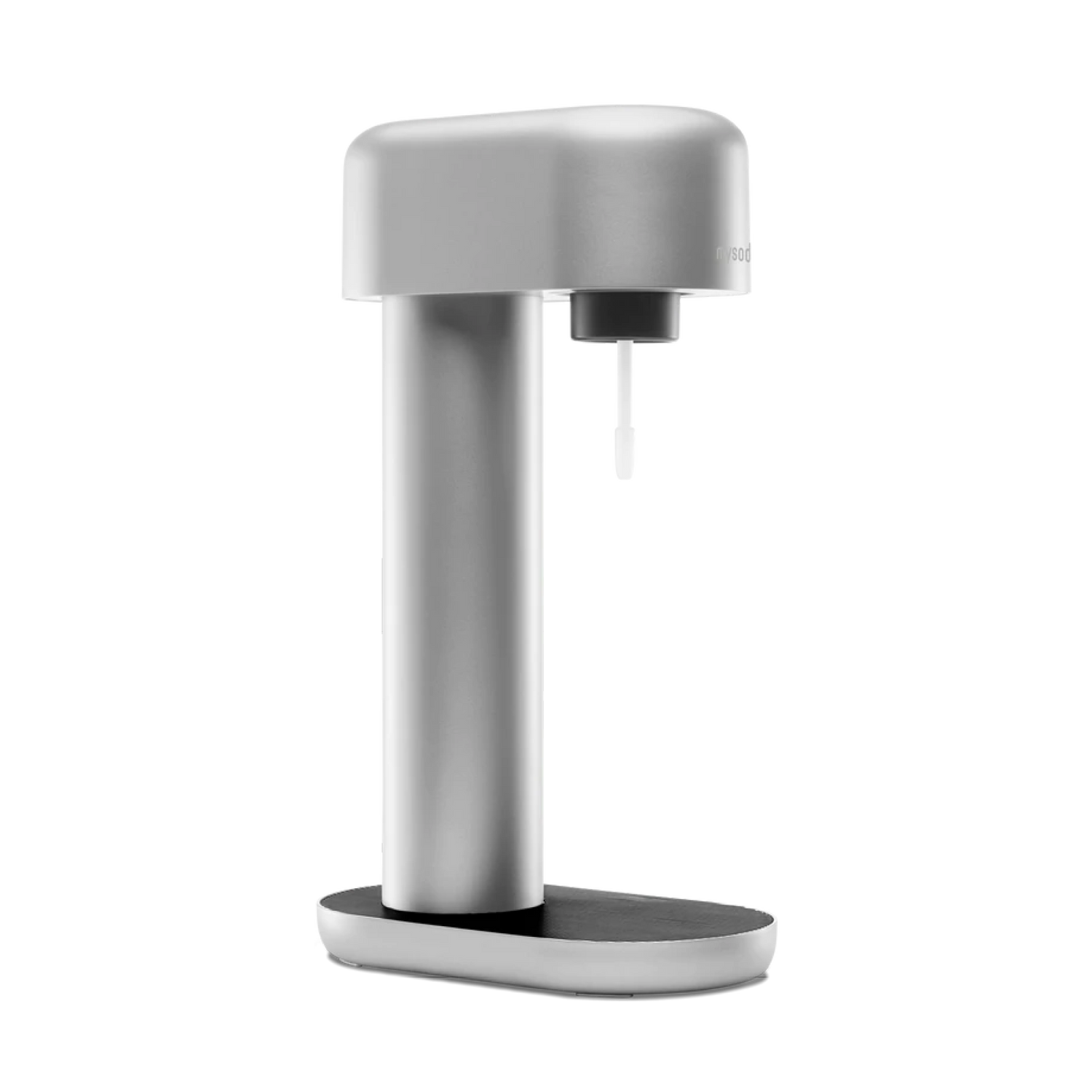 A silver Mysoda Ruby soda maker viewed from the side