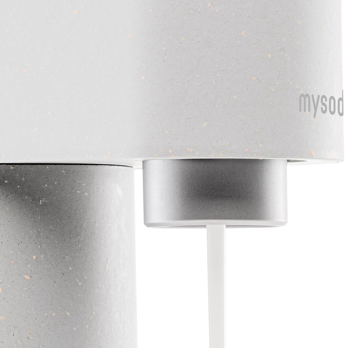 A close-up of a white Mysoda Woody sparkling water maker