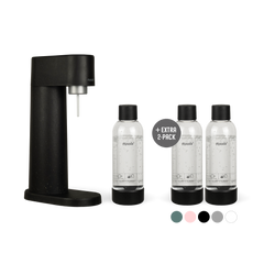 A bundle including a black Woody sparkling water maker set without CO2 cylinder and an extra 2-pack of water bottles in black