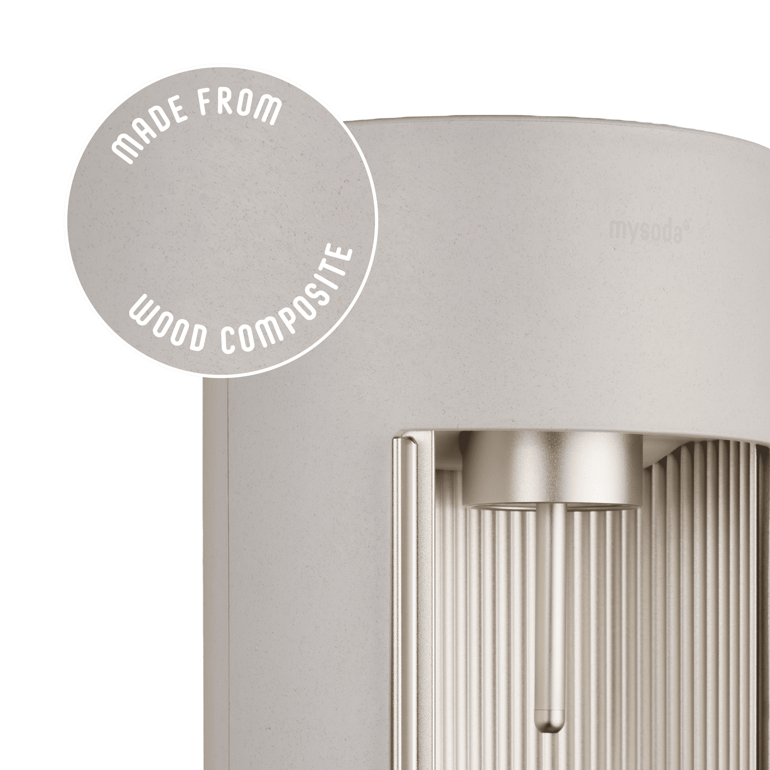 Glassy claysparkling water maker with a close-up bubble showing the subtly visible wood fibres on the device's surface