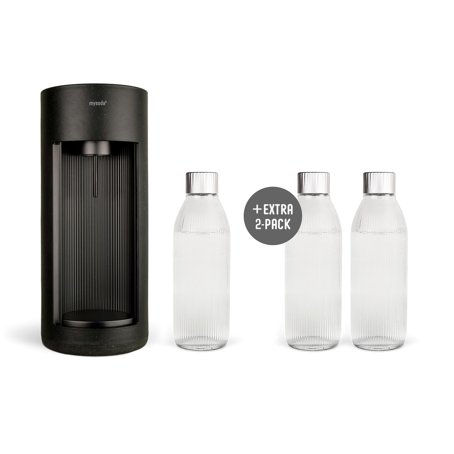 A black Glassy sparkling water maker and three glass bottles
