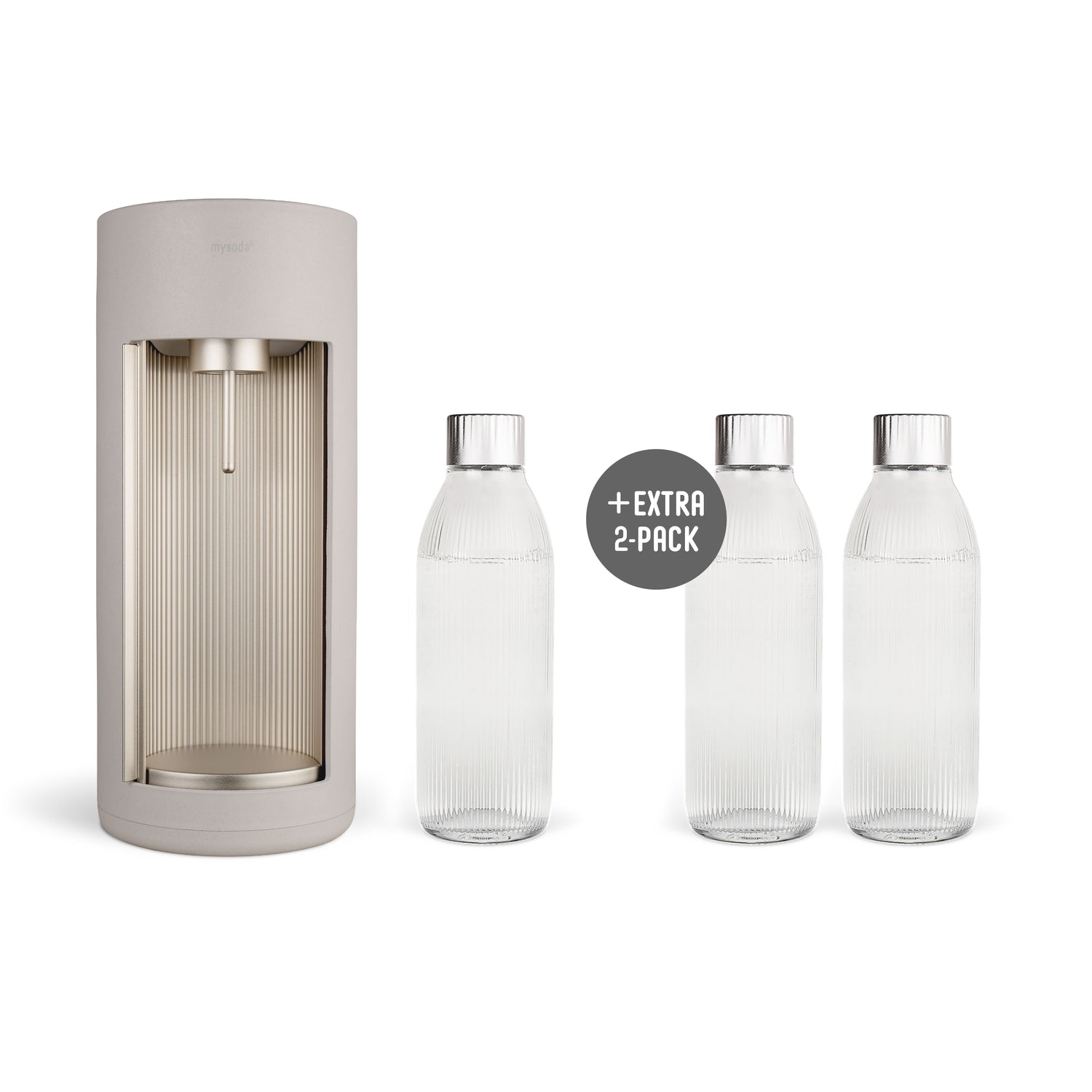 A clay-coloured Glassy sparkling water maker and three glass bottles