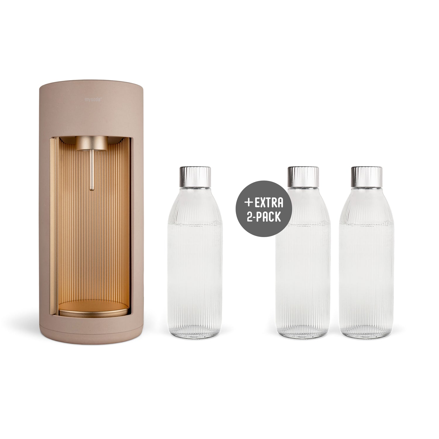 A latte-coloured Glassy sparkling water maker and three glass bottles
