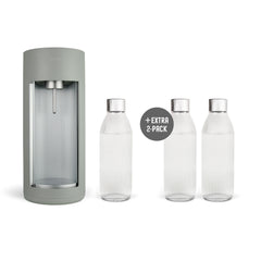 A pigeon-coloured Glassy sparkling water maker and three glass bottles