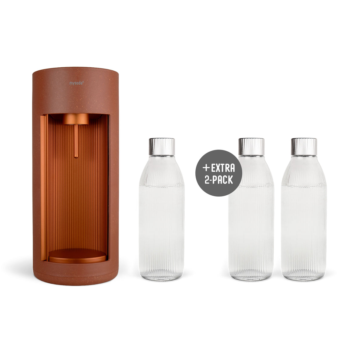 A terracotta-coloured Glassy sparkling water maker and three glass bottles