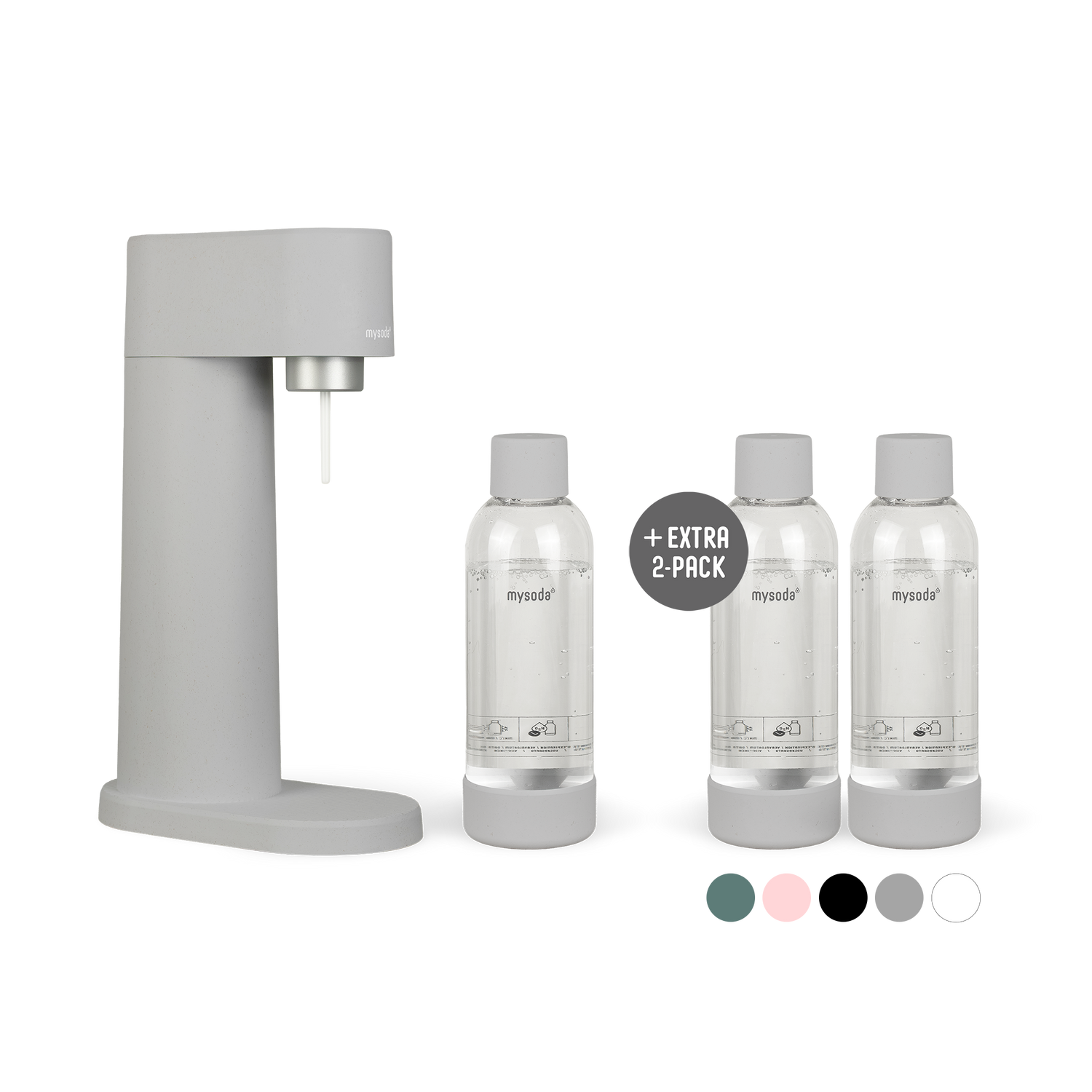 A bundle including a gray Woody sparkling water maker set without cylinder and an extra 2-pack of water bottles in gray