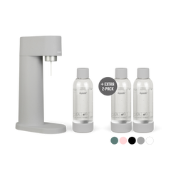 A bundle including a gray Woody sparkling water maker set without cylinder and an extra 2-pack of water bottles in gray