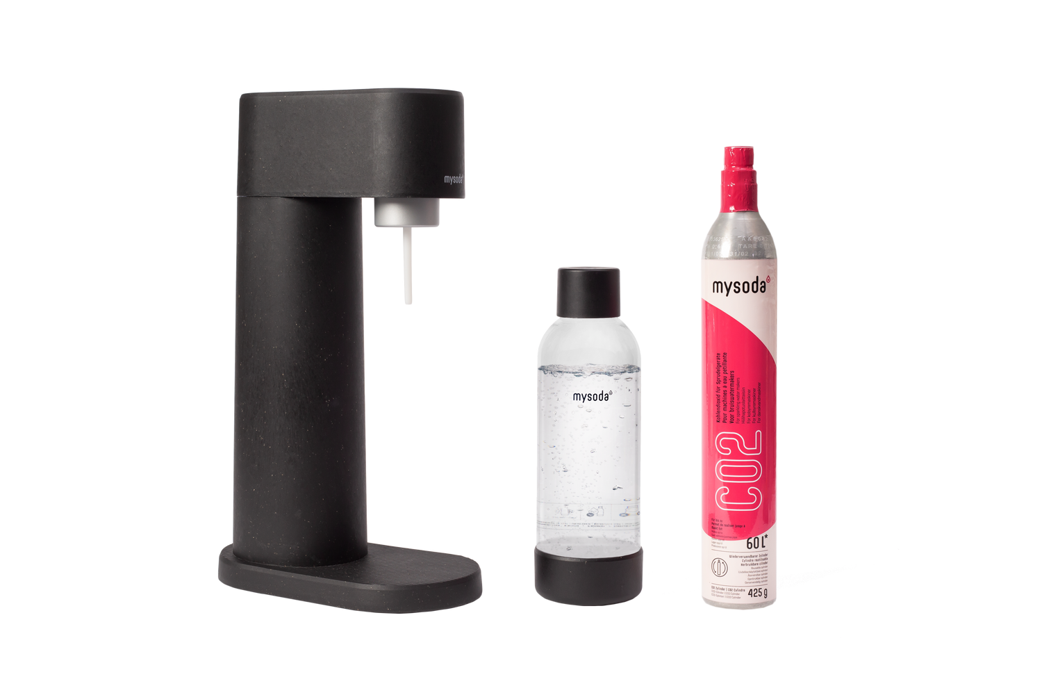 Black Mysoda Woody sparkling water maker with bottle and co2 cylinder