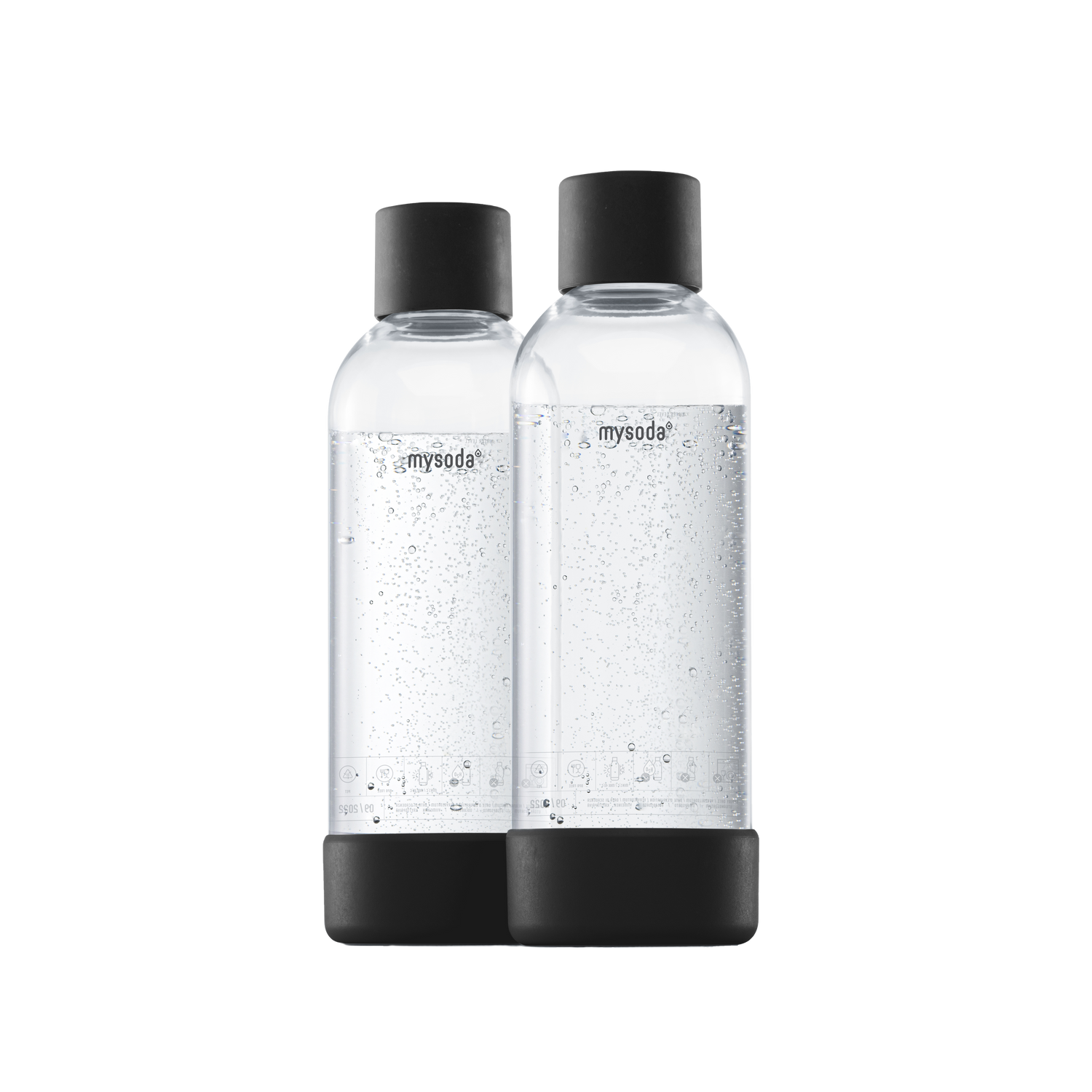 Two 1 liter Mysoda water bottles with black bottom and cap