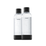 Two 1 liter Mysoda water bottles with black bottom and cap