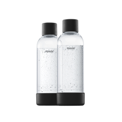 Two 1 liter Mysoda water bottles with black bottom and cap