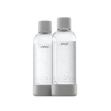 Two 1 liter Mysoda water bottles with gray bottom and cap