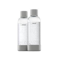 Two 1 liter Mysoda water bottles with gray bottom and cap