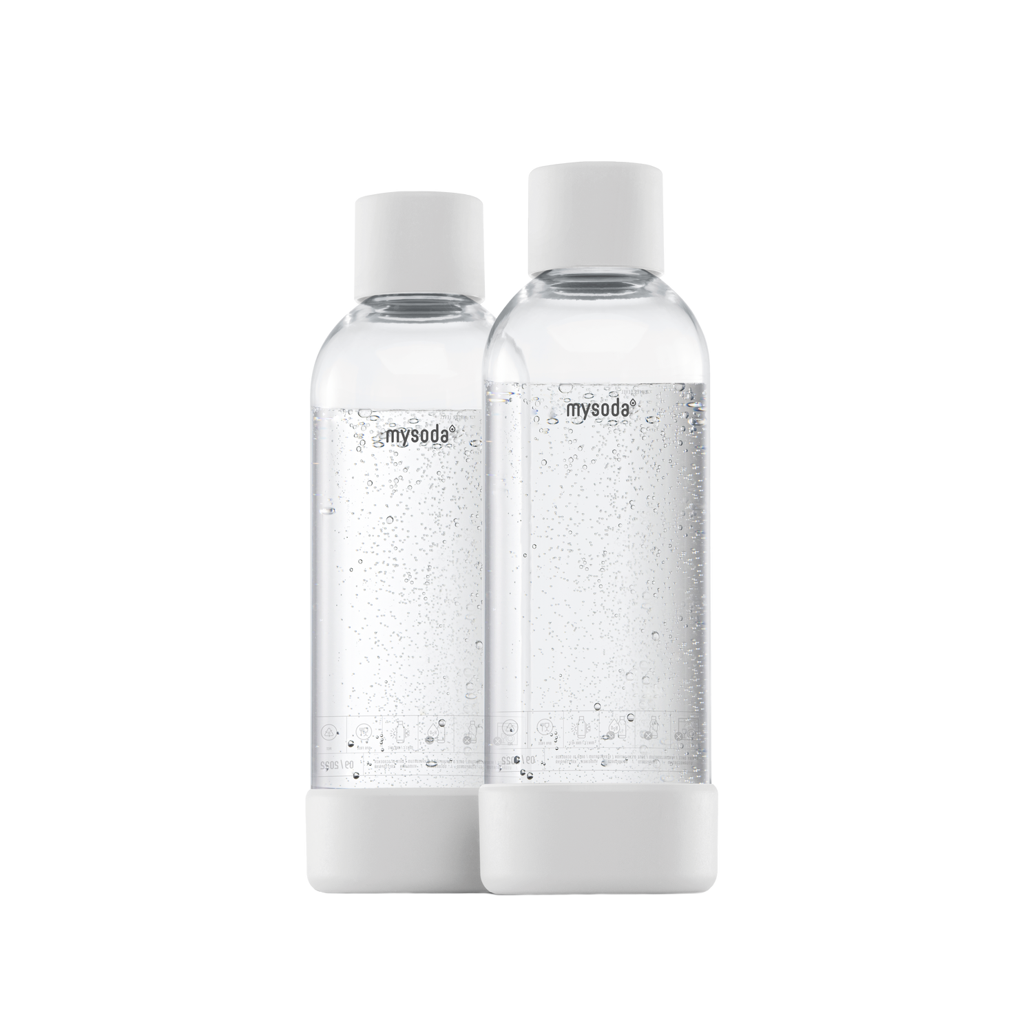 Two 1 liter Mysoda water bottles with white bottom and cap