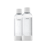 Two 1 liter Mysoda water bottles with white bottom and cap