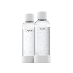 Two 1 liter Mysoda water bottles with white bottom and cap