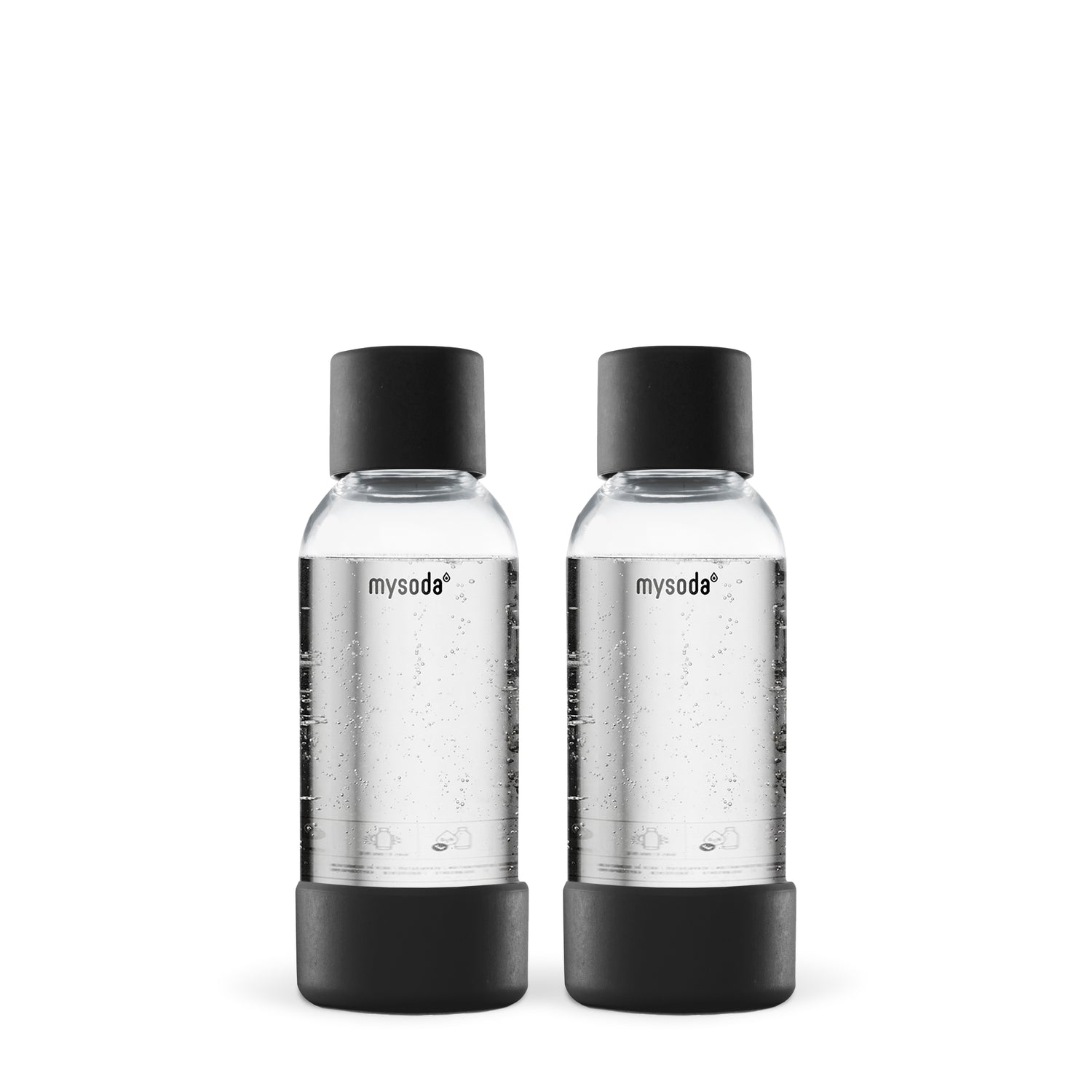 Two 0.5L Mysoda PET water bottles with black bottom and cap