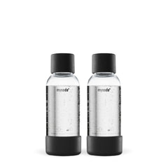 Two 0.5L Mysoda PET water bottles with black bottom and cap