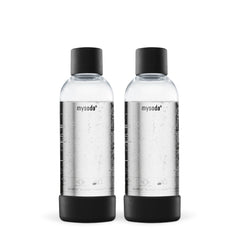 Two 1 liter Mysoda water bottles with black bottom and cap