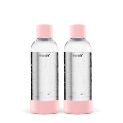 Two 1 liter Mysoda water bottles with light bottom and cap
