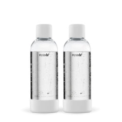 Two 1 liter Mysoda water bottles with white bottom and cap