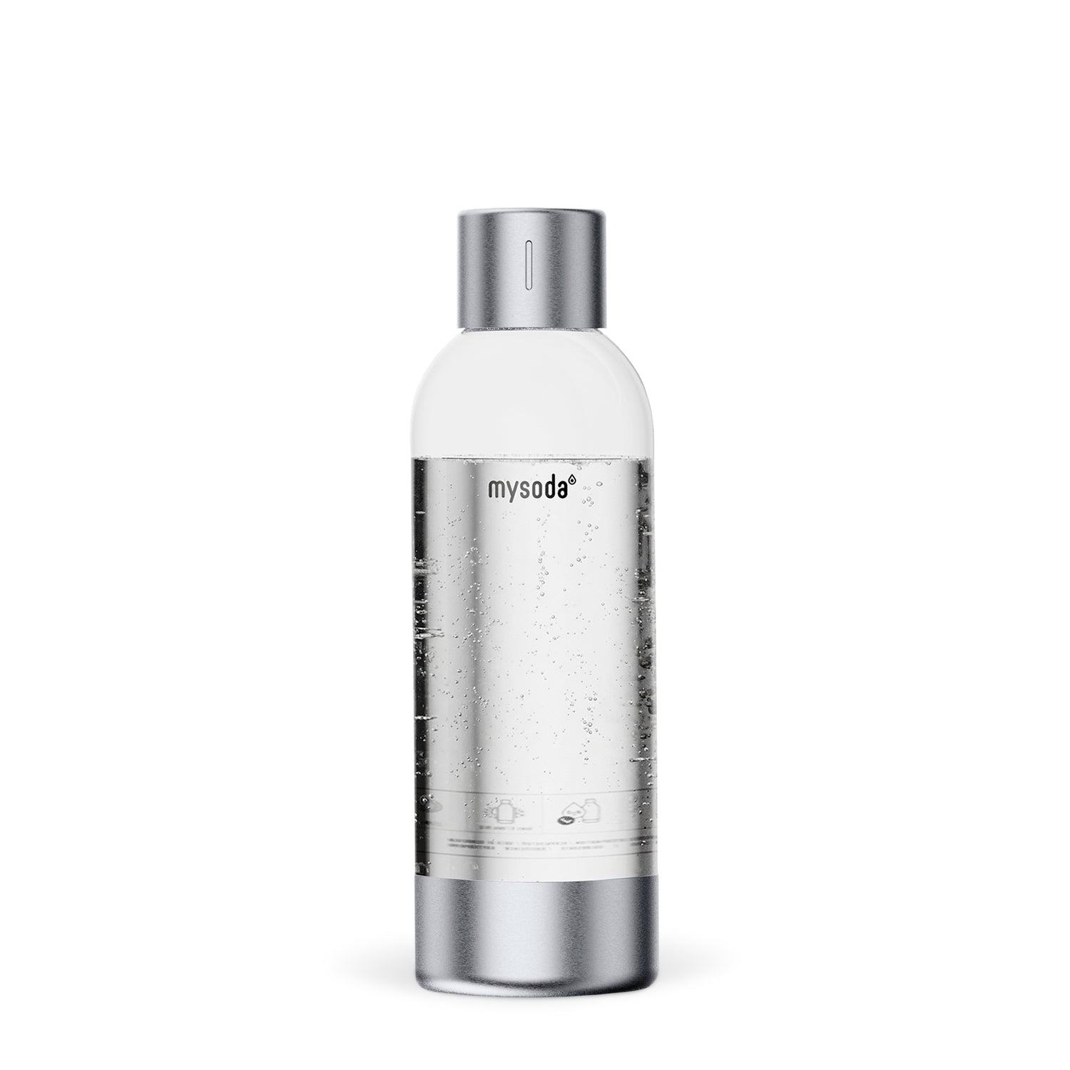 A 1 litre Mysoda premium water bottle with silver bottom and cap made from aluminium#väri_silver
