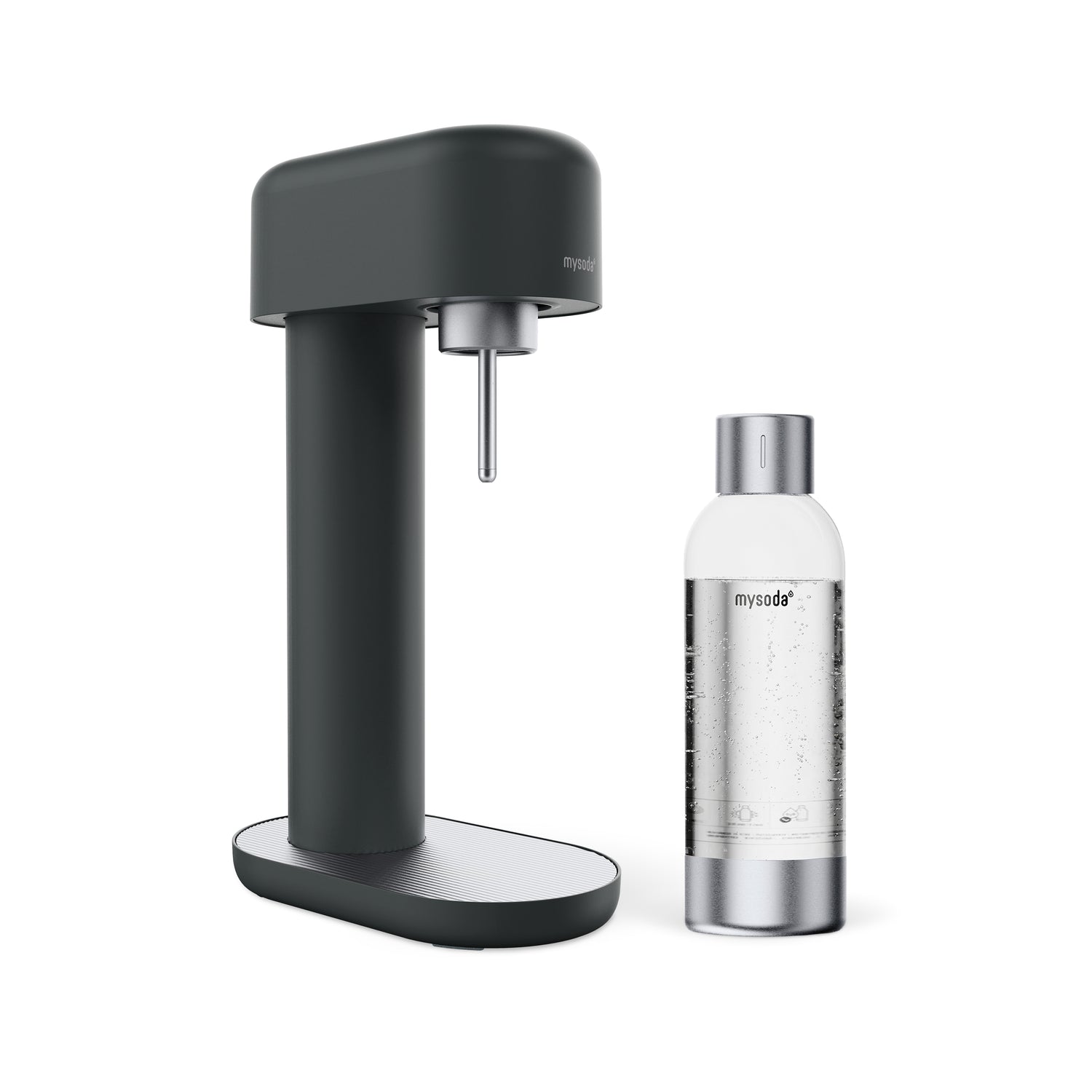 A black-silver Ruby 2 sparkling water maker with silver premium water bottle