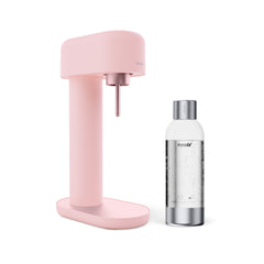 A pink Ruby 2 sparkling water maker with silver premium water bottle
