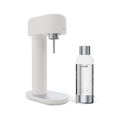 A white-silver Ruby 2 sparkling water maker with silver premium water bottle