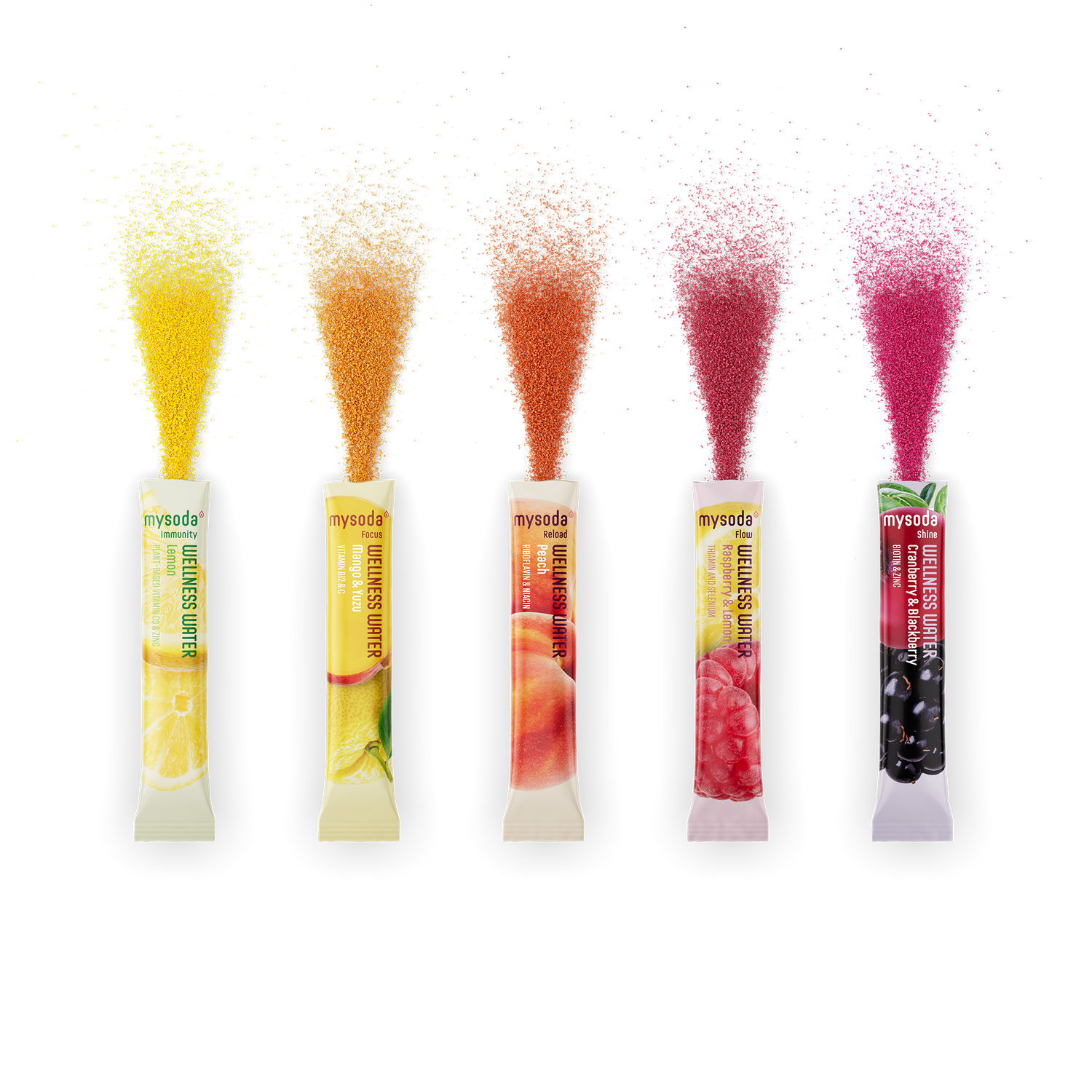 One stick each of all Wellness Water flavours with the colourful ganules pouring out