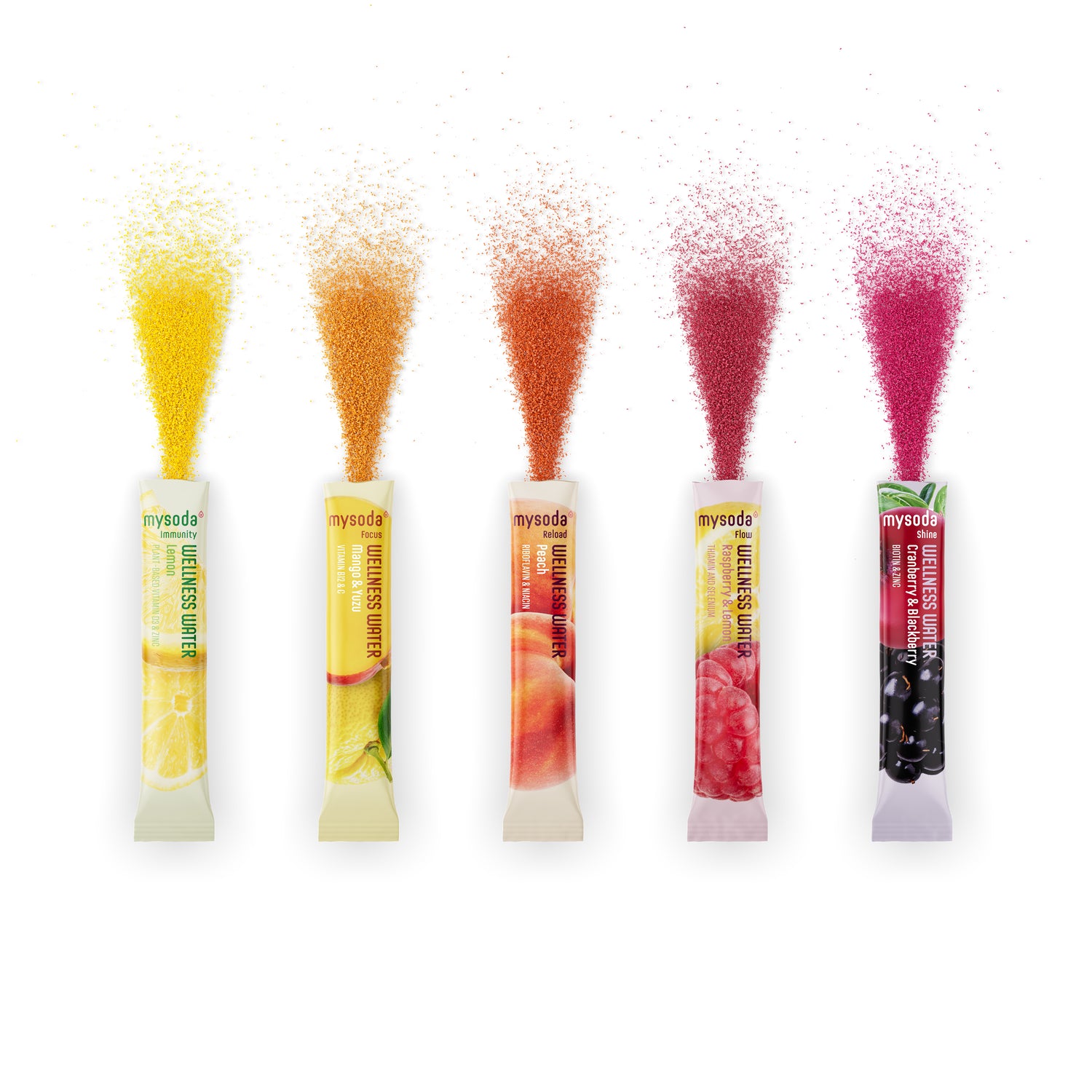 One stick each of all Wellness Water flavours with the colourful ganules pouring out